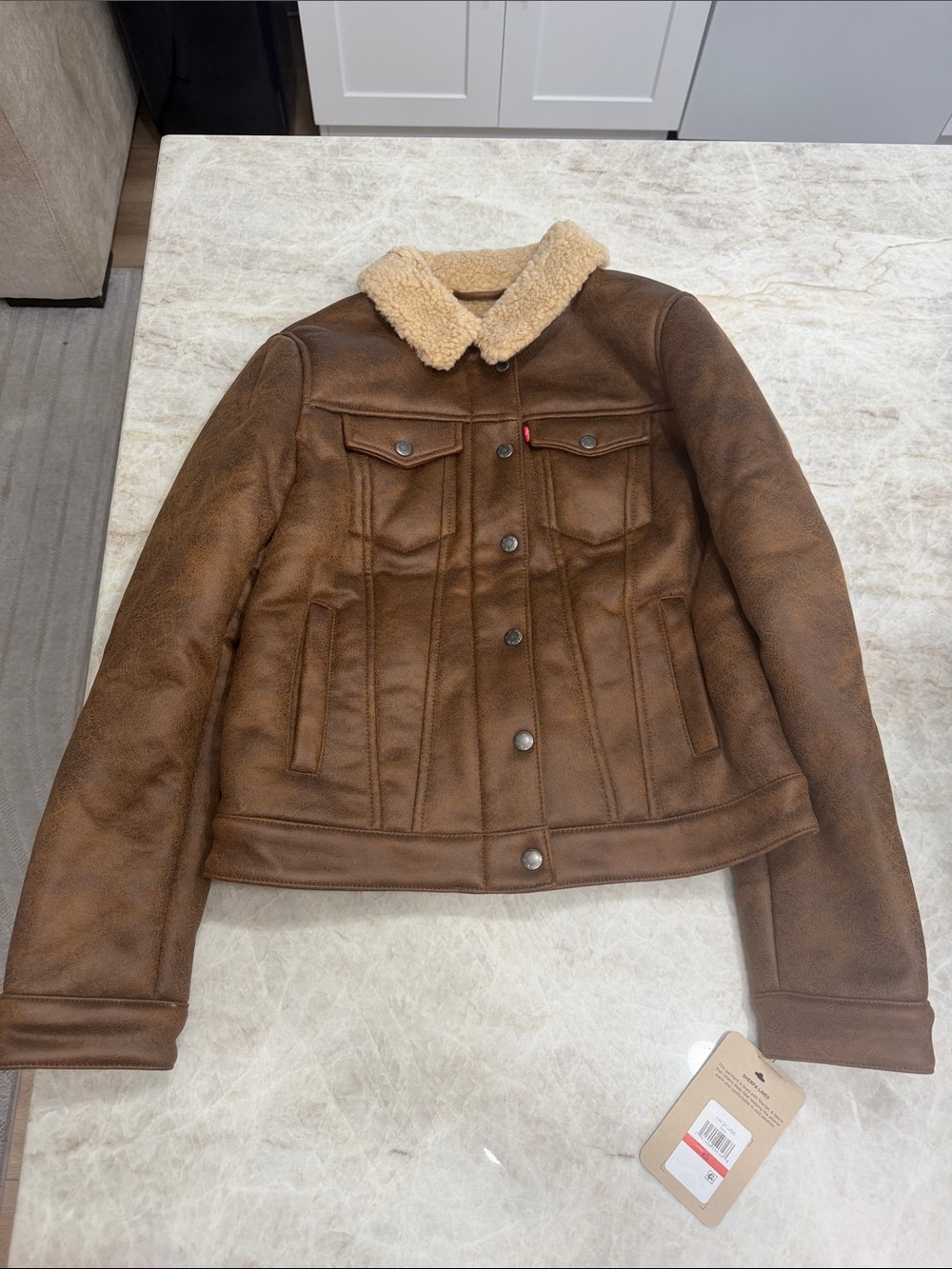 Levi's Brown Faux Leather Trucker Jacket with Cream Sherpa Collar